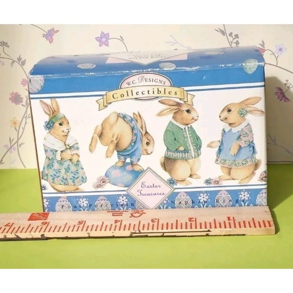 Vtg Bunny Rabbit Napkin Rings Boy‎ Girl Easter Spring Table Decor 4 pc Bisque